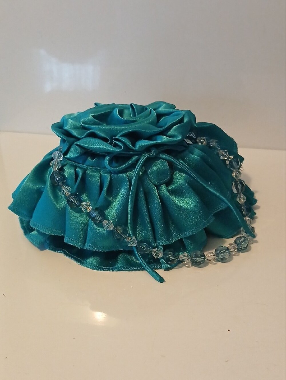 Teal Satin Rose Mini Hand Bag with Delicate Beaded Handle. New
